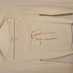 Willow And Wind Cream Long Sleeve Top with Pink Ribbon
